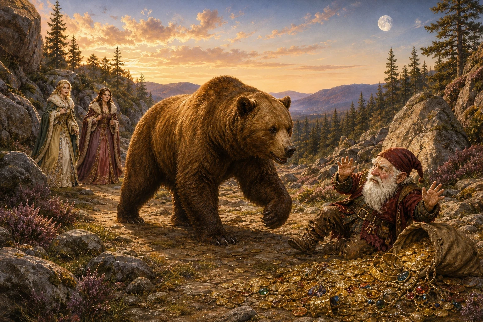 One evening the two sisters were crossing a lonely dell when they came upon the ungrateful dwarf once more, counting out his heaps of stolen gold and jewels…