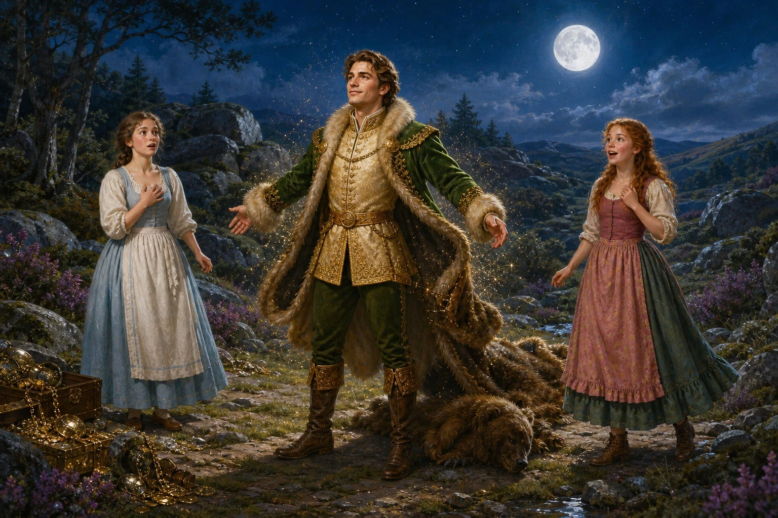 The sisters, who had been frightened to see their gentle friend the bear strike anyone, now watched in utter amazement — for the moment the wicked dwarf was…