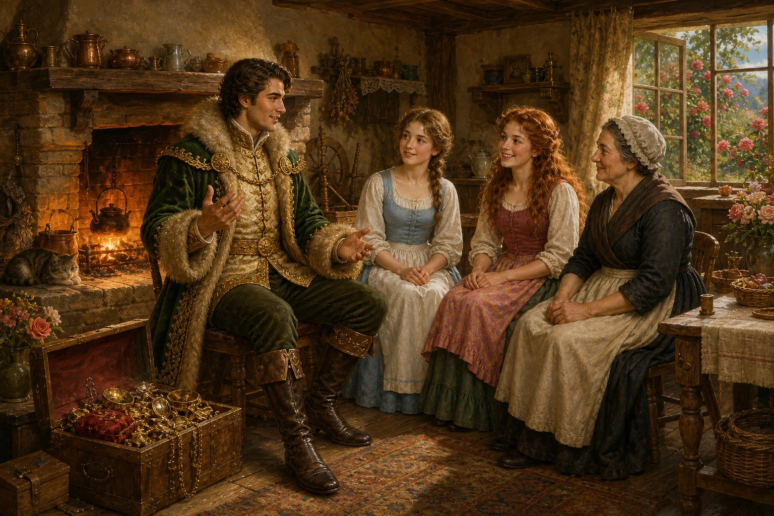 The prince went home with the sisters to their little cottage and told the whole family his story by the fire, and the widow and her daughters rejoiced to learn…