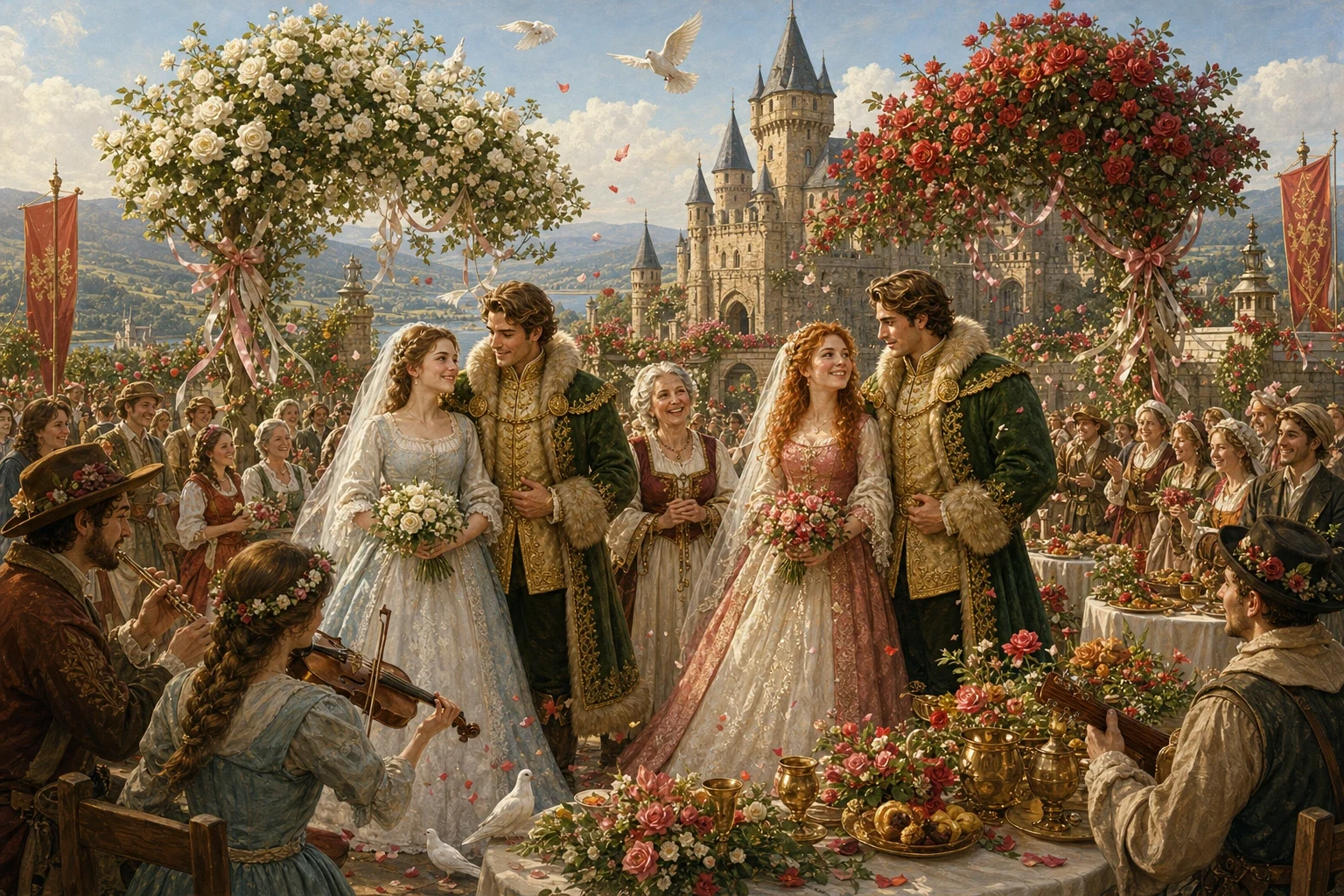 And so, in the end, there were two grand and joyful weddings, and the two gentle sisters who had been as different and as dear as a white rose and a red one…