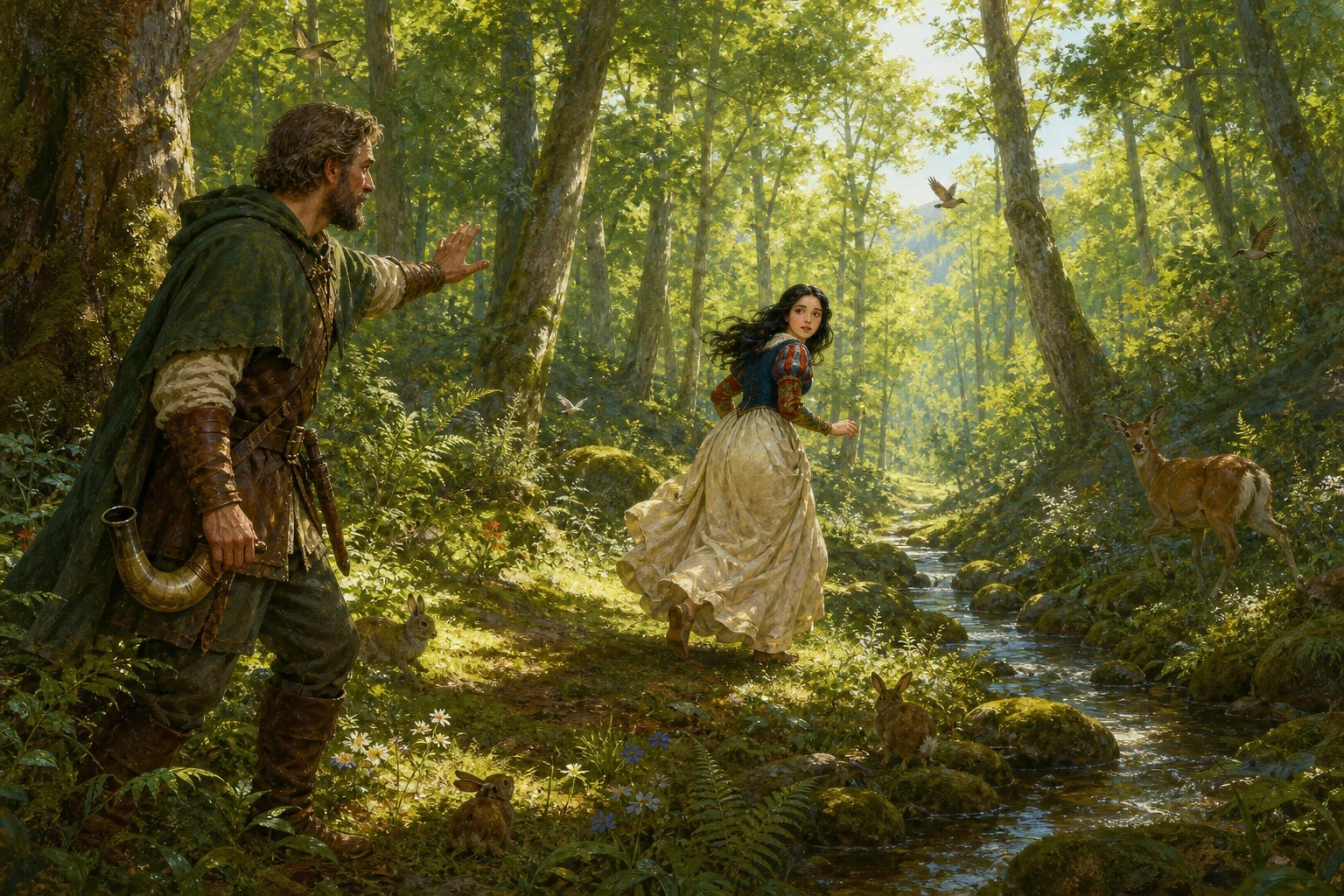 The Queen summoned her royal huntsman, a big gruff man with a kind heart, and ordered him to take Snow White deep into the forest and never let her come home… The Queen summoned her royal huntsman, a big gruff man with a kind heart, and ordered him to take Snow White deep into the forest and never let her come home…