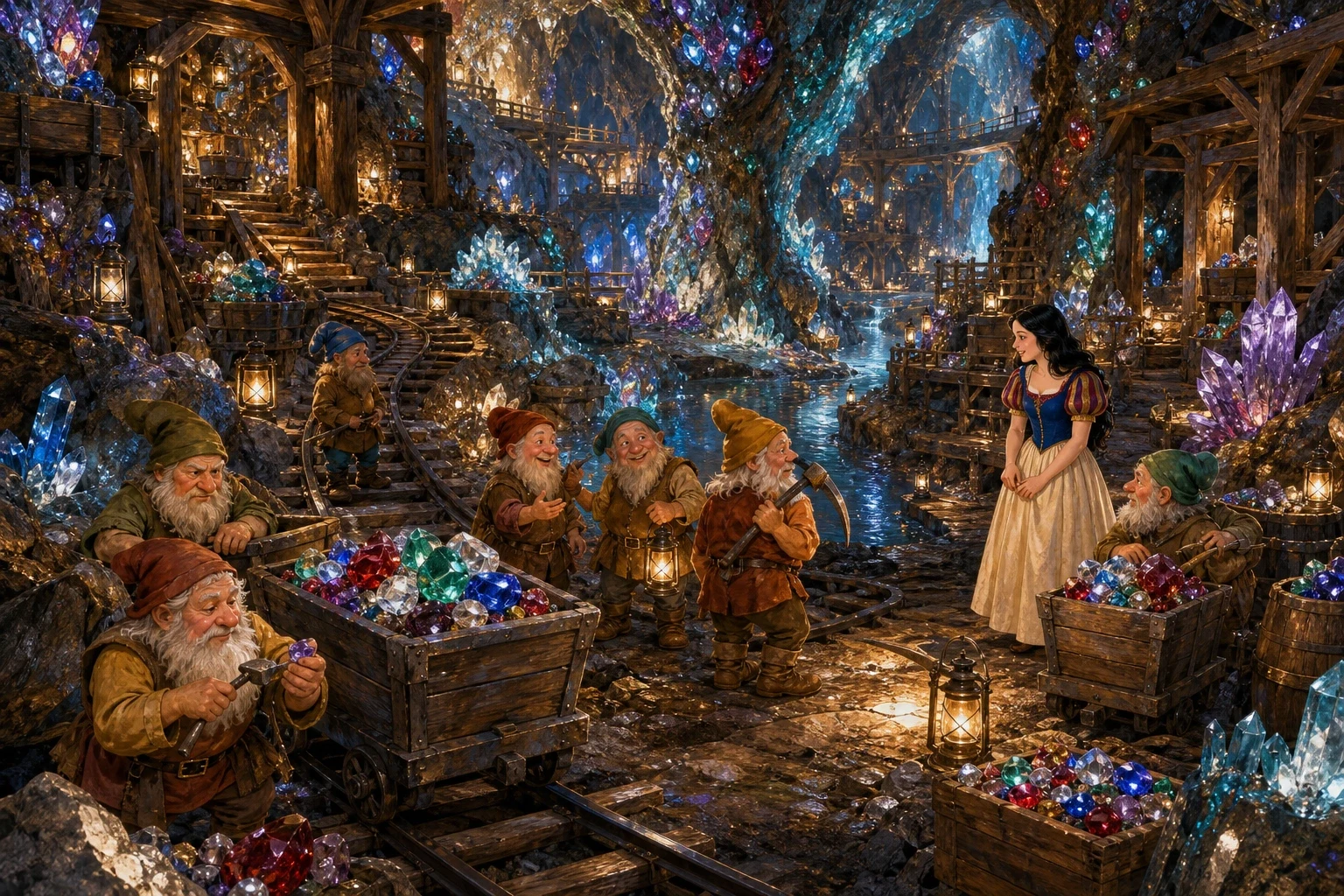 The seven dwarfs were old and merry little miners who spent their days deep in the mountain, digging for diamonds and bright jewels by lantern-light. The seven dwarfs were old and merry little miners who spent their days deep in the mountain, digging for diamonds and bright jewels by lantern-light.