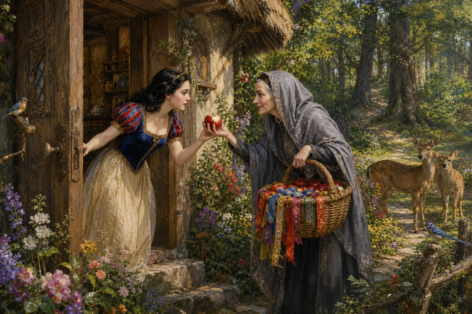 The jealous Queen disguised herself cleverly as a harmless old peddler-woman, with a basket of pretty things, and made her way through the forest to the dwarfs'… The jealous Queen disguised herself cleverly as a harmless old peddler-woman, with a basket of pretty things, and made her way through the forest to the dwarfs'…
