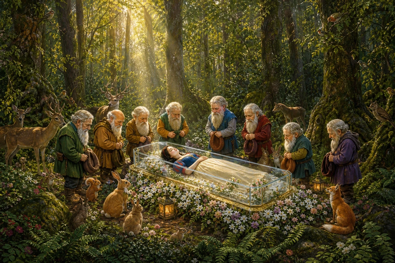 When the seven dwarfs came home that evening and found Snow White lying so still, they wept as though their hearts would break, for they had come to love her… When the seven dwarfs came home that evening and found Snow White lying so still, they wept as though their hearts would break, for they had come to love her…