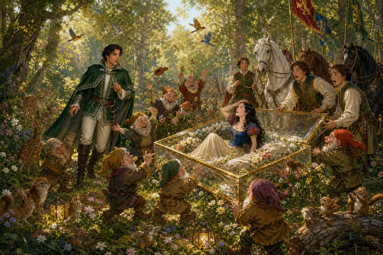 A long time passed, until one day a young prince came riding through that part of the forest with his companions and chanced upon the glade. A long time passed, until one day a young prince came riding through that part of the forest with his companions and chanced upon the glade.