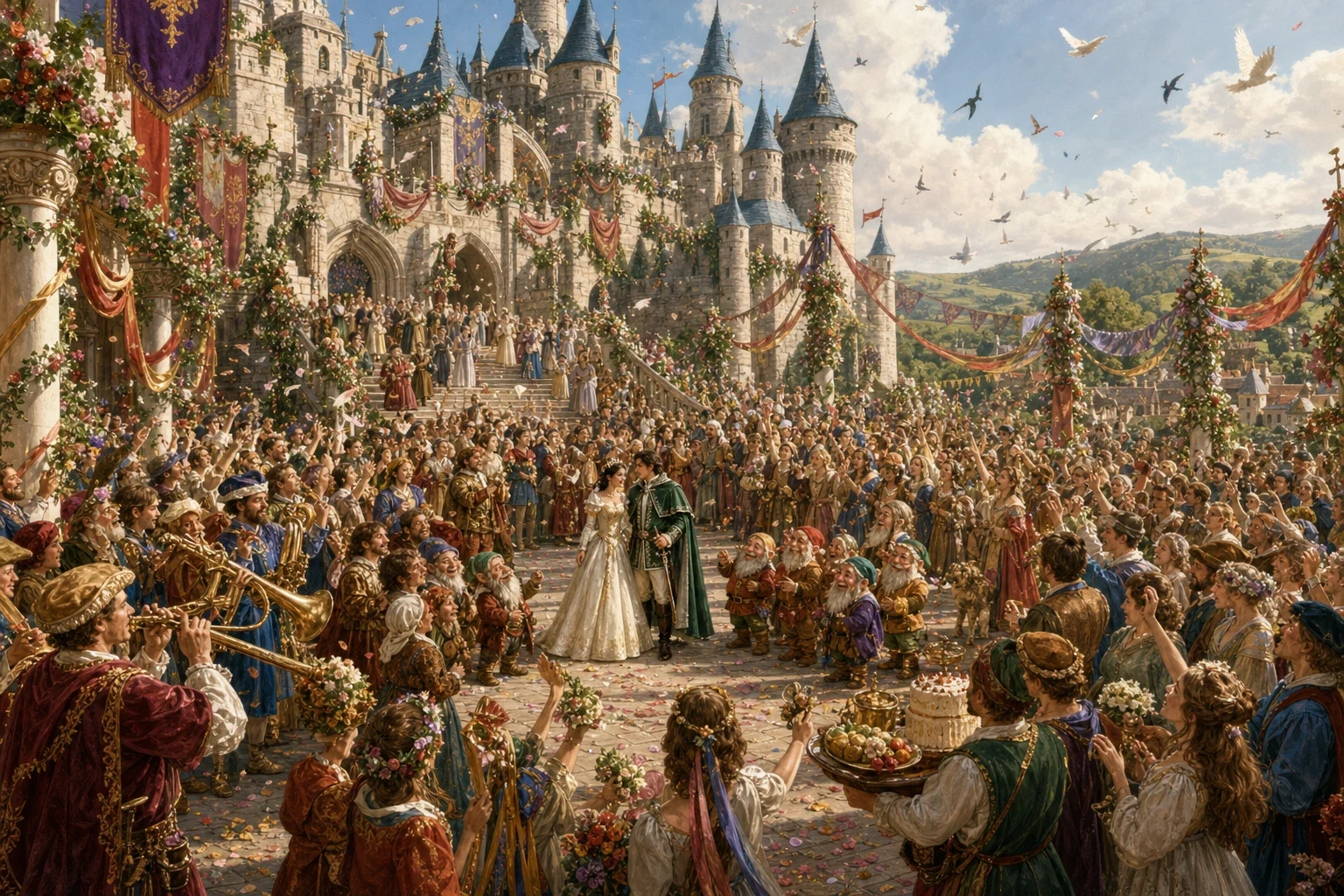 The prince asked Snow White to be his wife, and she, who had come to love his kind and gentle heart, happily said yes. They were married at his family's grand… The prince asked Snow White to be his wife, and she, who had come to love his kind and gentle heart, happily said yes. They were married at his family's grand…