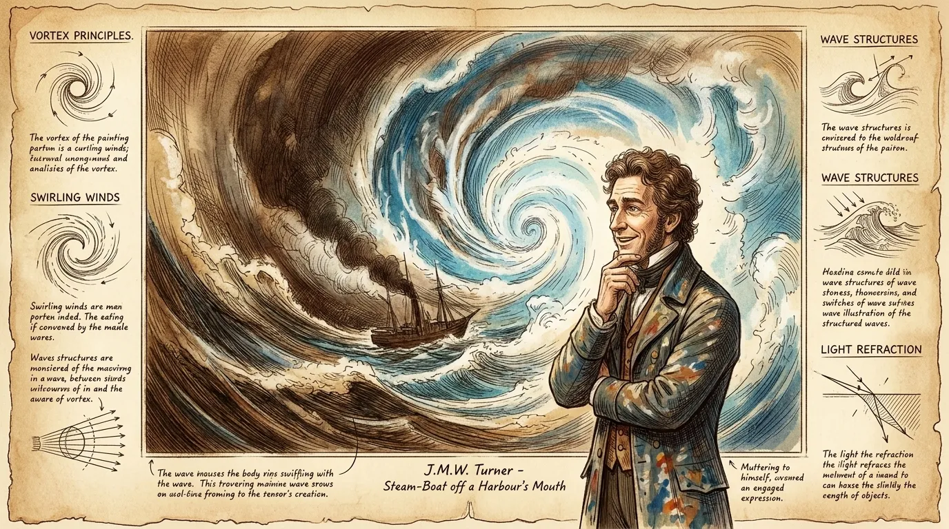 Joseph Mallord William Turner, stands before his masterpiece, "Snow Storm - Steam-Boat off a Harbour's Mouth," painted in 1842. Joseph Mallord William Turner, stands before his masterpiece, "Snow Storm - Steam-Boat off a Harbour's Mouth," painted in 1842.
