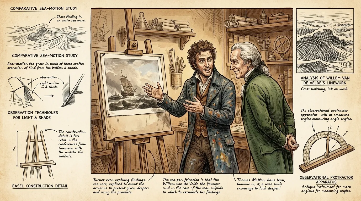 Turner studies the works of Willem van de Velde the Younger. He admired the Dutch master's ability to depict naval scenes with both accuracy and drama. Turner studies the works of Willem van de Velde the Younger. He admired the Dutch master's ability to depict naval scenes with both accuracy and drama.