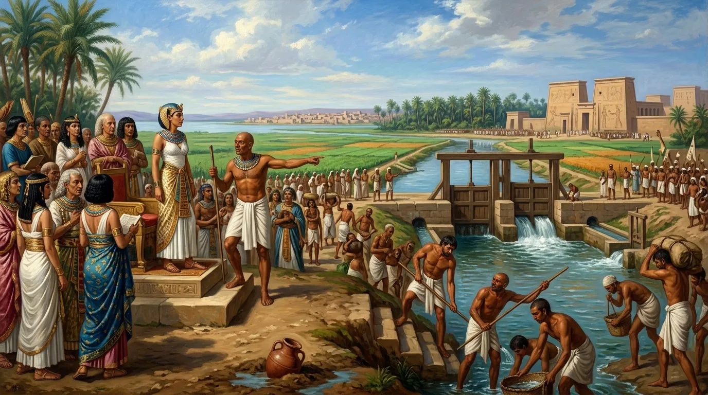 Near the vast expanse of Lake Moeris in the Faiyum, the lifeblood of the region flows through meticulously engineered canals. Near the vast expanse of Lake Moeris in the Faiyum, the lifeblood of the region flows through meticulously engineered canals.
