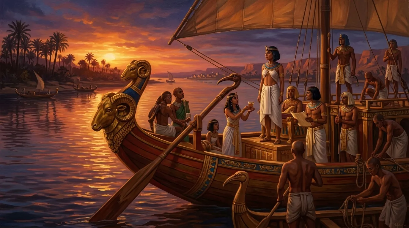The royal barge glides silently across the still waters of the Nile, catching the last amber rays of the setting sun. Almost 3,800 years ago, King Sobekneferu… The royal barge glides silently across the still waters of the Nile, catching the last amber rays of the setting sun. Almost 3,800 years ago, King Sobekneferu…
