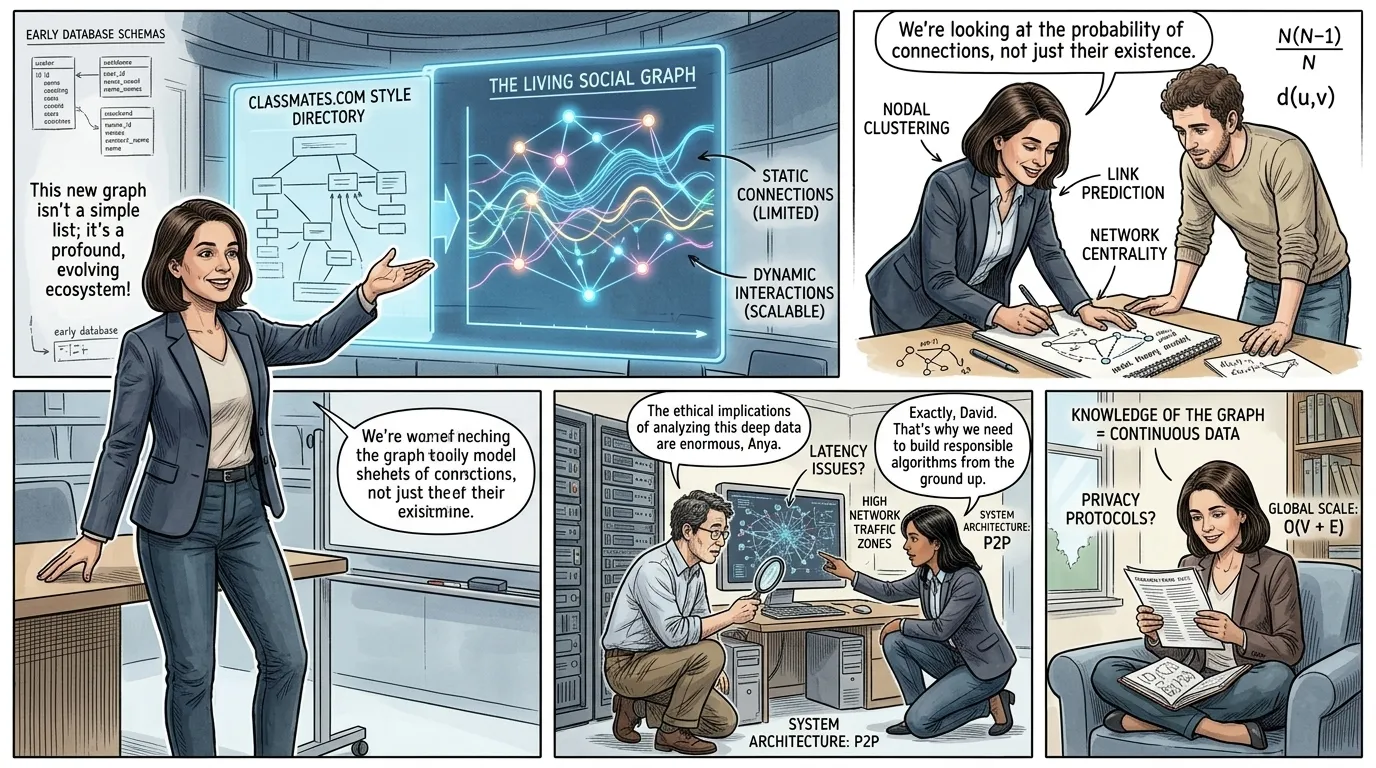 O problema fundamental era como representar digitalmente um "grafo social" – a complexa teia de relacionamentos do mundo real entre as pessoas.
