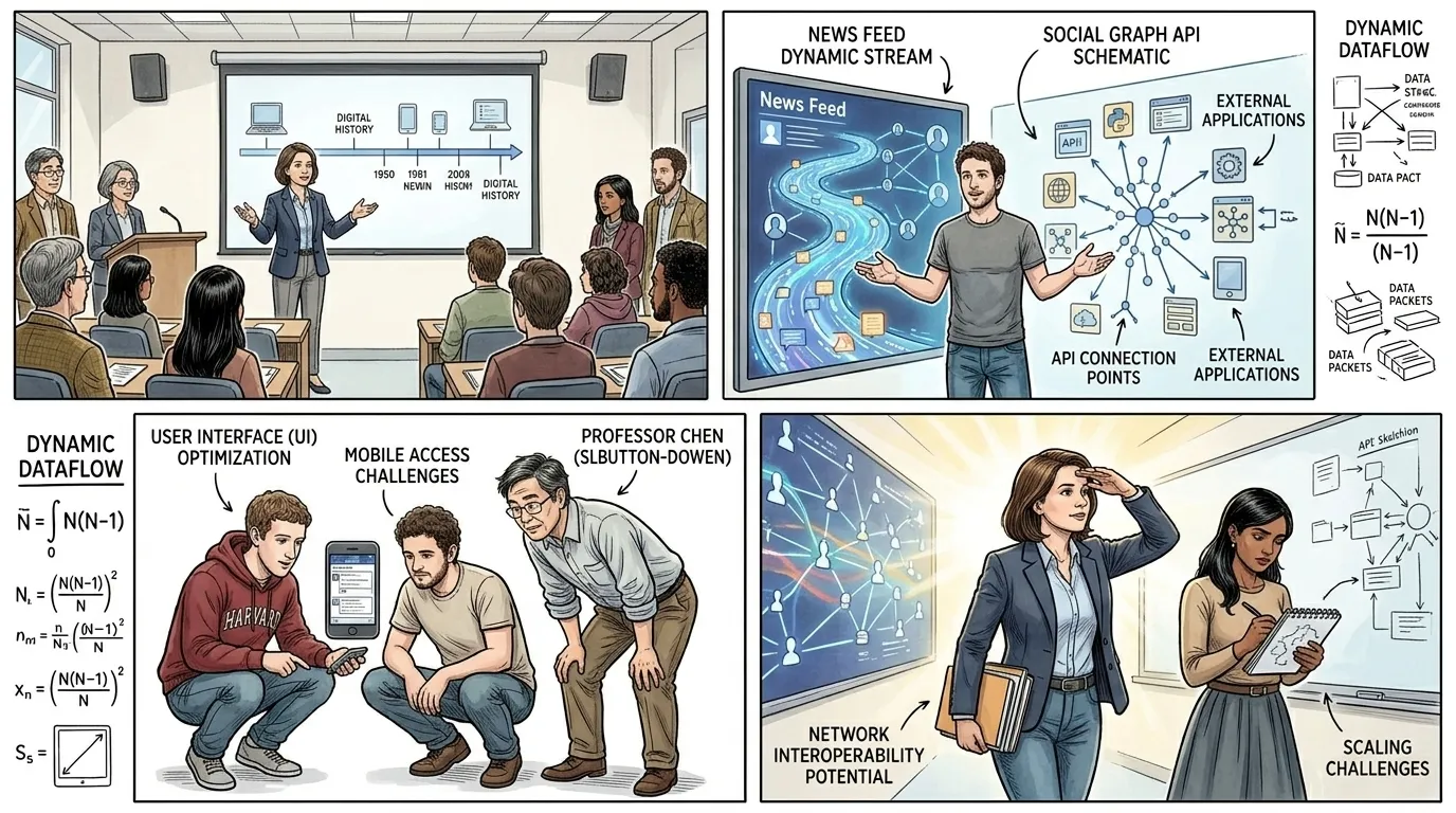 O avanço crítico veio em dois grandes componentes: o Feed de Notícias (introduzido em dois mil e seis) e a API Social Graph.