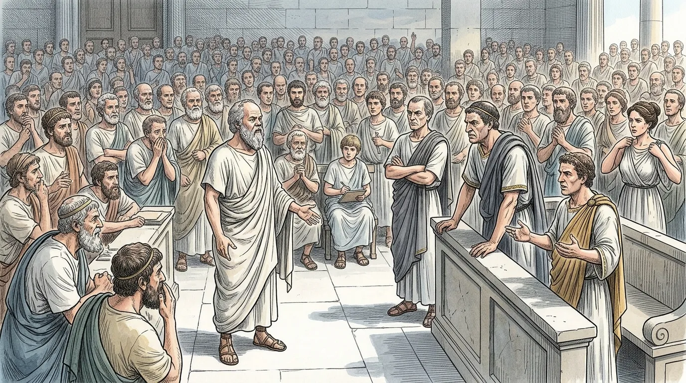 On a spring day in 399 BCE, within the Heliaia, the large Athenian law court, the philosopher Socrates stood accused before a jury of 501 citizens. On a spring day in 399 BCE, within the Heliaia, the large Athenian law court, the philosopher Socrates stood accused before a jury of 501 citizens.