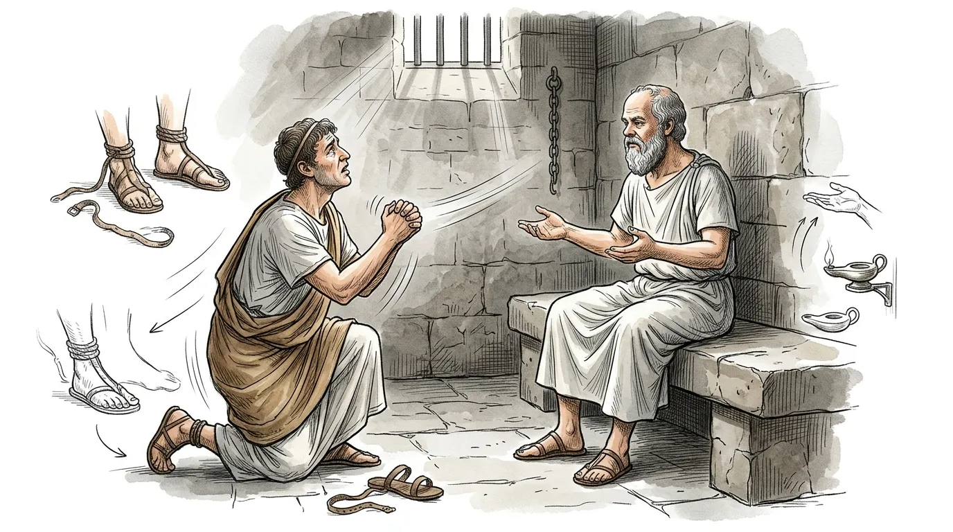 Following his condemnation, Socrates's devoted friend Crito visited him in prison, pleading with him to escape. Crito had arranged everything, offering wealth… Following his condemnation, Socrates's devoted friend Crito visited him in prison, pleading with him to escape. Crito had arranged everything, offering wealth…