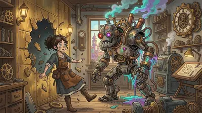 Suddenly, the wall behind Anya exploded inward, showering her with brass shards and dust. A monstrous creature, a twisted amalgamation of gears and flesh… Suddenly, the wall behind Anya exploded inward, showering her with brass shards and dust. A monstrous creature, a twisted amalgamation of gears and flesh…