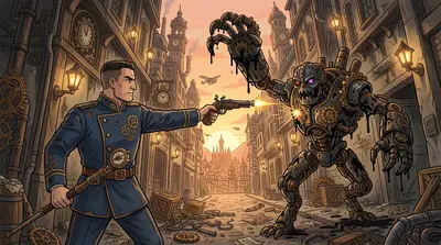 Gregor fired his clockwork pistol, the bullets tearing through the creature's metallic flesh. But the creature didn't falter. Gregor fired his clockwork pistol, the bullets tearing through the creature's metallic flesh. But the creature didn't falter.