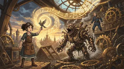 As the creature prepared to strike, Anya activated the songbird. A high-pitched, piercing melody filled the workshop, resonating with the creature's clockwork… As the creature prepared to strike, Anya activated the songbird. A high-pitched, piercing melody filled the workshop, resonating with the creature's clockwork…