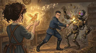 Gregor, seeing his chance, charged forward, swinging his clockwork sword. The blade connected with the creature's arm, severing it with a shower of sparks. Gregor, seeing his chance, charged forward, swinging his clockwork sword. The blade connected with the creature's arm, severing it with a shower of sparks.