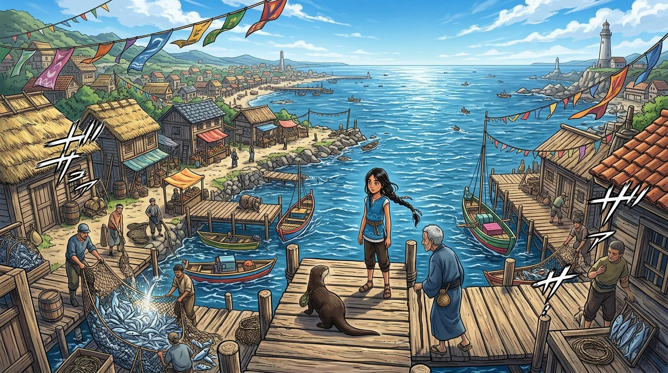 海风村是一个热闹的沿海村庄,五颜六色的旗帜在风中飘扬。渔民们拖着每日的渔获,他们的声音在港口回荡。一个名叫玛雅的年轻女孩在码头边看着,她的眼中充满了… 海风村是一个热闹的沿海村庄,五颜六色的旗帜在风中飘扬。渔民们拖着每日的渔获,他们的声音在港口回荡。一个名叫玛雅的年轻女孩在码头边看着,她的眼中充满了…