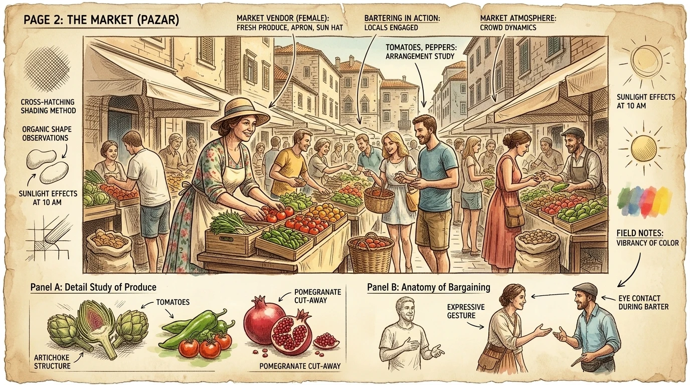 绿市(Pazar)每天早上在宫墙外热闹非凡,供应新鲜农产品和当地美食。商贩们展示着色彩鲜艳的水果、蔬菜、奶酪和橄榄油,彰显着该地区丰富的农业物产。 绿市(Pazar)每天早上在宫墙外热闹非凡,供应新鲜农产品和当地美食。商贩们展示着色彩鲜艳的水果、蔬菜、奶酪和橄榄油,彰显着该地区丰富的农业物产。