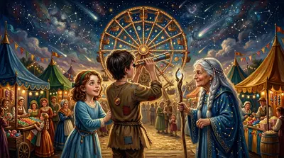 中景。“星际飞行员学院？那真的存在吗？”泽菲尔怀疑地问，手里翻转着星际探测器。莱拉的眼睛闪烁着兴奋。“想象一下，泽菲尔！学习在群星中飞翔！
