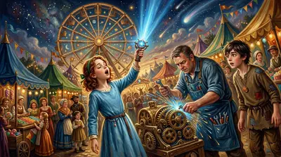 中景广角镜头。当巴纳比争分夺秒地修理旋转木马的引擎时，莱拉举起寻星器，开始唱起一段萦绕心头的旋律。知识点：她想起那位老妇人曾提及旋转木马的歌曲就是星…