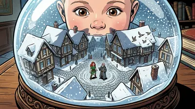 Suddenly, a tremor shook Evergreena. A massive shadow loomed over the snow globe. A child's face, magnified to enormous proportions, pressed against the glass. Suddenly, a tremor shook Evergreena. A massive shadow loomed over the snow globe. A child's face, magnified to enormous proportions, pressed against the glass.