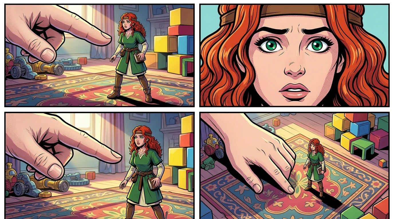 The child gently scooped up Elara and Silas in its hand. It carried them to the dollhouse, placing them carefully inside. The child gently scooped up Elara and Silas in its hand. It carried them to the dollhouse, placing them carefully inside.