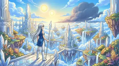 The city of Aerilon drifted amidst the swirling sapphire clouds, its crystal towers gleaming under the twin suns. Waterfalls cascaded from the floating islands… The city of Aerilon drifted amidst the swirling sapphire clouds, its crystal towers gleaming under the twin suns. Waterfalls cascaded from the floating islands…