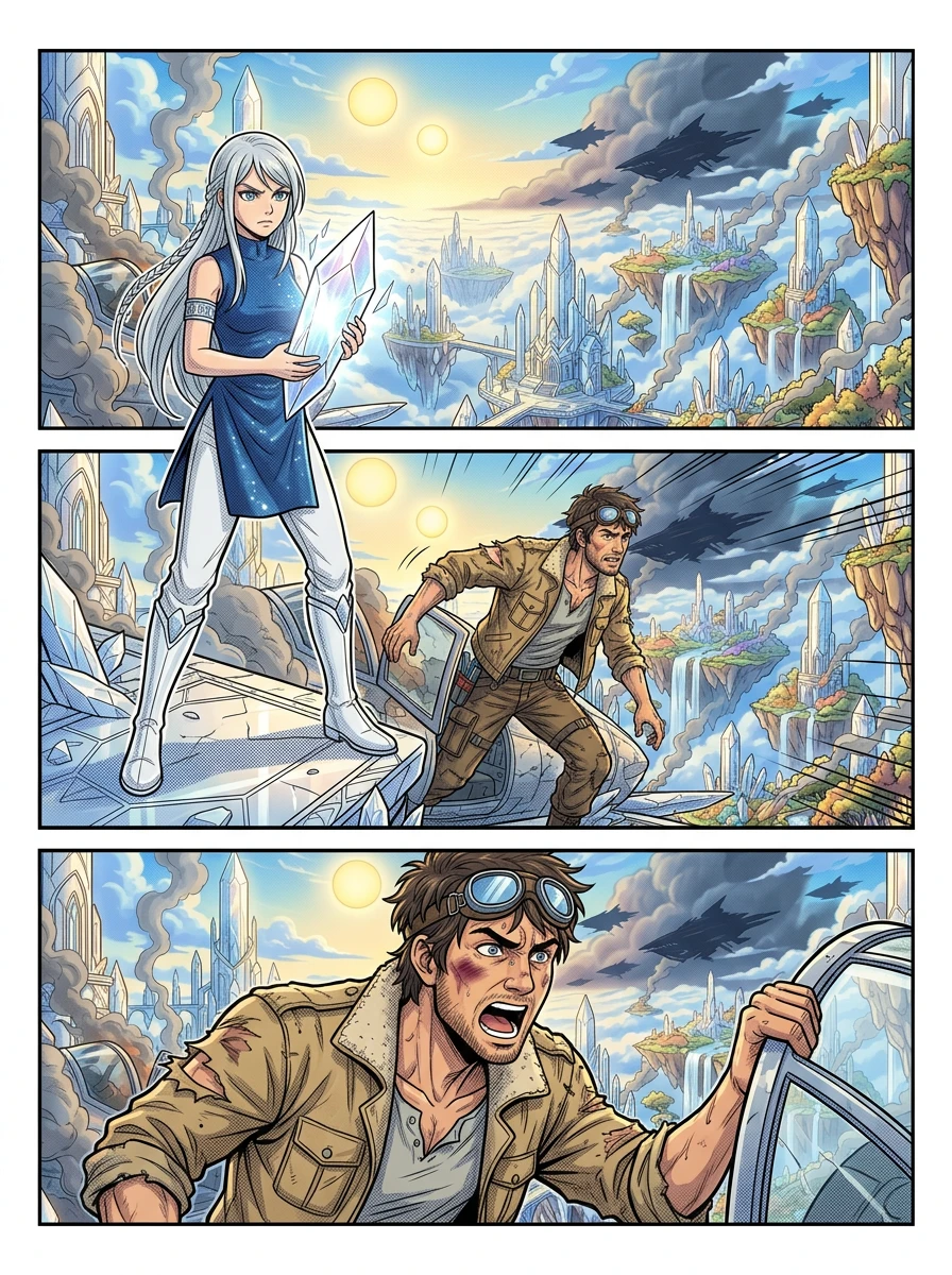 Jax crash-landed his damaged sky-hopper nearby, his face bloodied and bruised. "Lyra! What now?" he shouted above the roar of the Voidbringer ships. Jax crash-landed his damaged sky-hopper nearby, his face bloodied and bruised. "Lyra! What now?" he shouted above the roar of the Voidbringer ships.