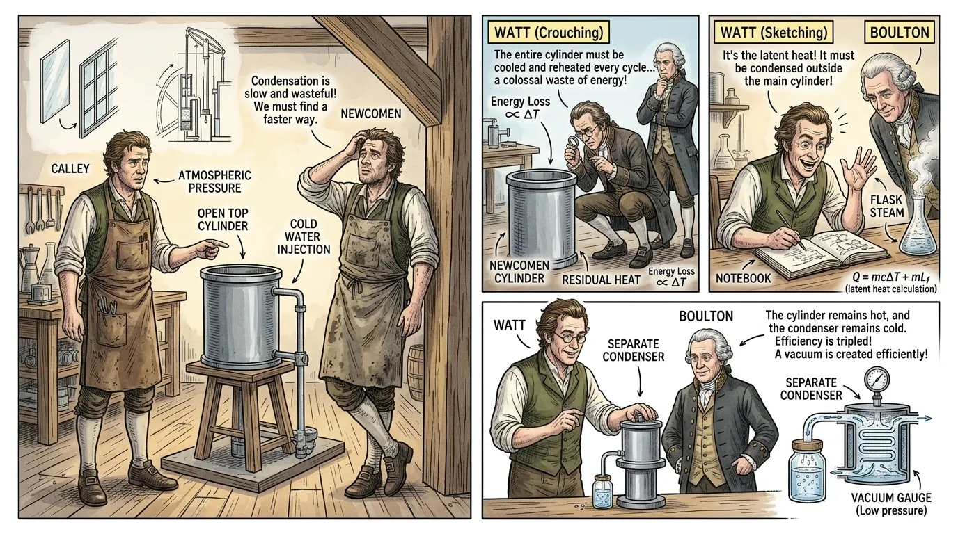 Watt's ingenious solution, patented in 1769, was the separate condenser, a chamber distinct from the main cylinder. This innovation allowed the cylinder to… Watt's ingenious solution, patented in 1769, was the separate condenser, a chamber distinct from the main cylinder. This innovation allowed the cylinder to…