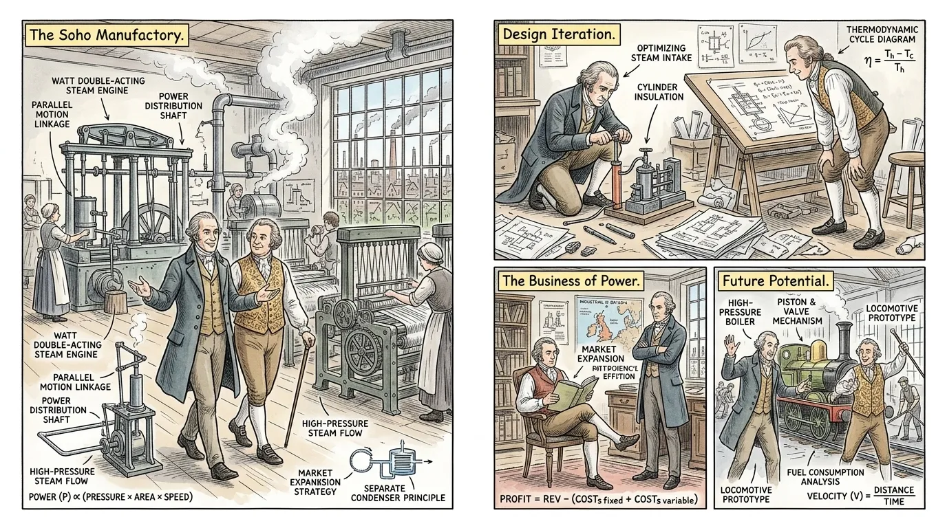 The partnership between James Watt and Matthew Boulton, founded in 1775, propelled the separate condenser engine into widespread adoption. The partnership between James Watt and Matthew Boulton, founded in 1775, propelled the separate condenser engine into widespread adoption.