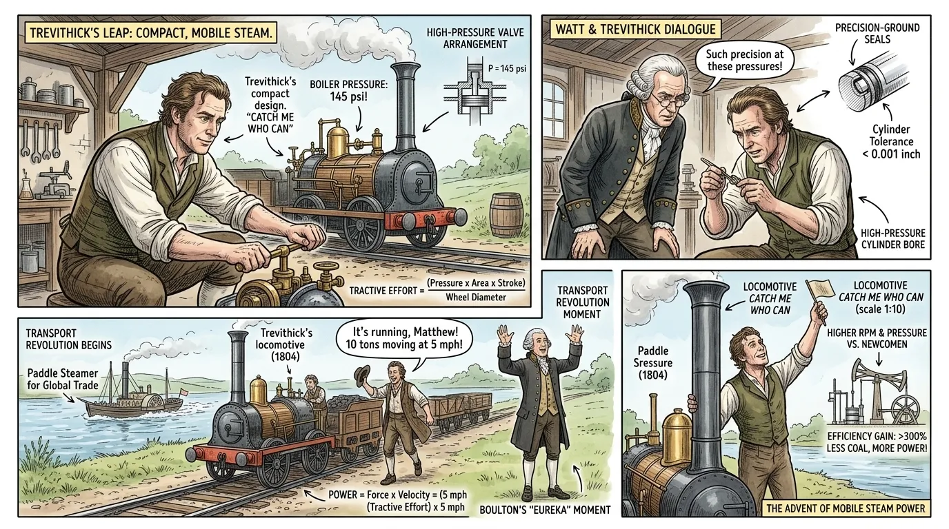 The steam engine's impact soon transcended stationary industrial applications. Richard Trevithick's development of high-pressure engines, which eliminated the… The steam engine's impact soon transcended stationary industrial applications. Richard Trevithick's development of high-pressure engines, which eliminated the…