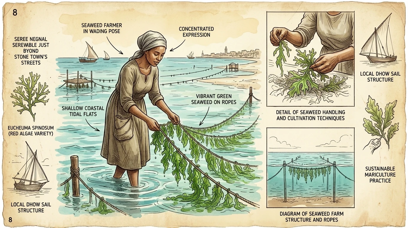 就在石头城熙熙攘攘的街道之外,妇女们在浅海的沿海水域种植海藻,这是许多家庭重要的收入来源。充满活力的绿色海藻绵延潮滩,与碧绿的海水形成一幅如画的对比。 就在石头城熙熙攘攘的街道之外,妇女们在浅海的沿海水域种植海藻,这是许多家庭重要的收入来源。充满活力的绿色海藻绵延潮滩,与碧绿的海水形成一幅如画的对比。