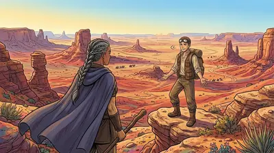 Zara emerged from behind a towering rock formation, her cloak billowing in the hot wind. "Anything?" she asked, her voice barely audible above the desert's hum. Zara emerged from behind a towering rock formation, her cloak billowing in the hot wind. "Anything?" she asked, her voice barely audible above the desert's hum.