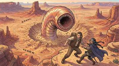 The Sand Eater burst from the ground, a colossal worm-like creature with scales that shimmered like a thousand sunsets. It towered over them, its gaping maw… The Sand Eater burst from the ground, a colossal worm-like creature with scales that shimmered like a thousand sunsets. It towered over them, its gaping maw…