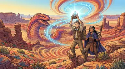 Kai held up the device high as it emitted a blinding flash. The sand around them began to shift and swirl, drawn towards the device's energy. Kai held up the device high as it emitted a blinding flash. The sand around them began to shift and swirl, drawn towards the device's energy.