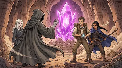 "You're too late," the cloaked figure said, turning to face them. "The source is ours. And with it, we will reshape this world." "You're too late," the cloaked figure said, turning to face them. "The source is ours. And with it, we will reshape this world."