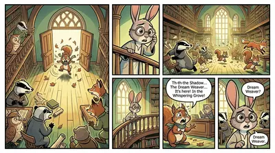 Suddenly, a frantic squirrel burst through the library doors, scattering leaves. "The Dream Weaver!" she shrieked. "He's stealing our dreams again!" Chaos…