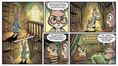 "We must stop him!" Professor Thistlewick declared, adjusting his spectacles. "But how?" cried a nearby owl. The professor stroked his chin thoughtfully.