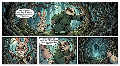 The group plunged into the shadowy depths of the Whispering Woods. Twisted trees loomed, their branches gnarled like skeletal fingers.