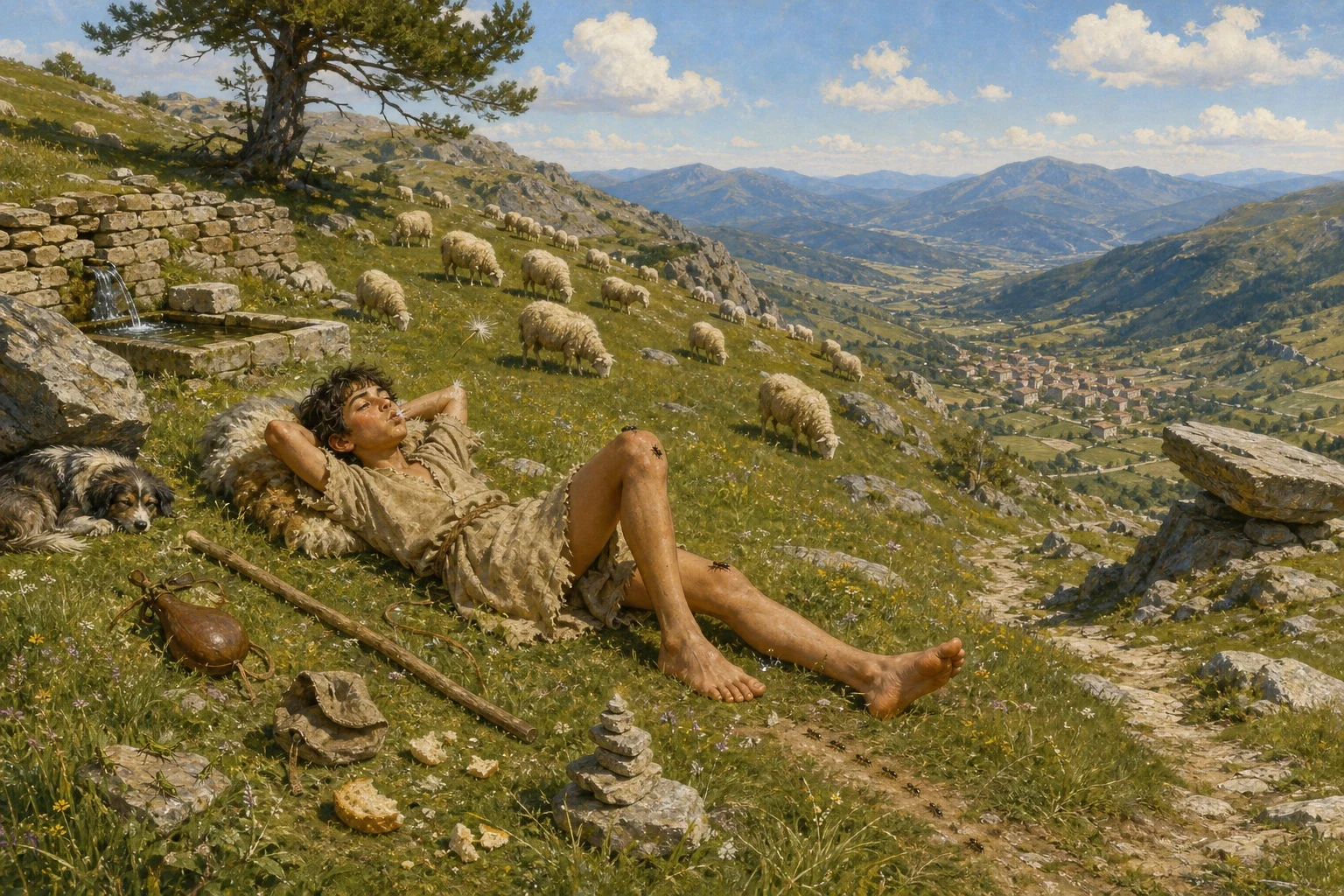 By eleven o'clock he had eaten his bread. By noon he had counted the sheep four times, found the same number every time, and built a small tower out of stones. By eleven o'clock he had eaten his bread. By noon he had counted the sheep four times, found the same number every time, and built a small tower out of stones.