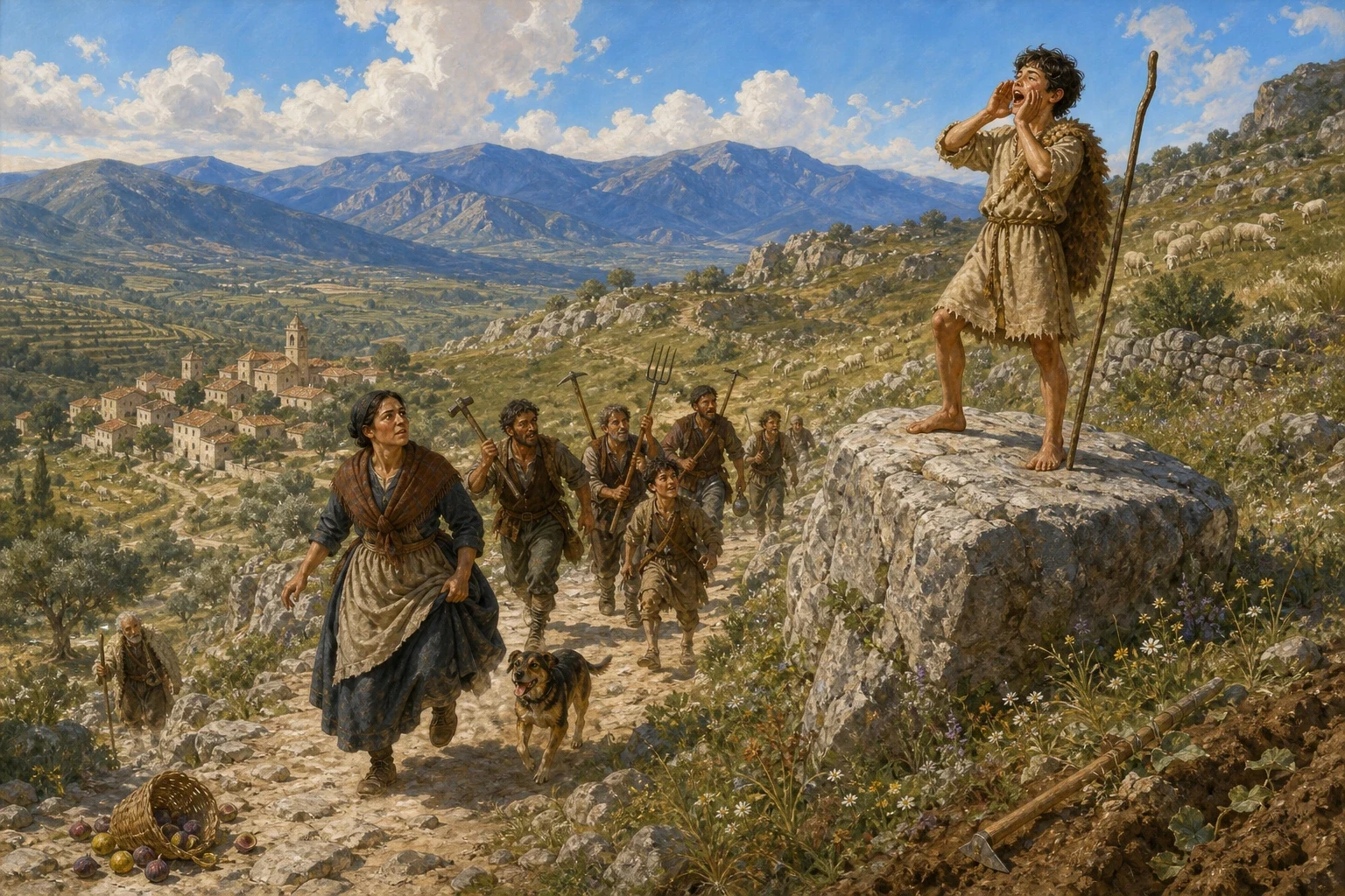 He got up on the big stone, and he filled his chest, and he shouted the word down the mountain as loudly as he could: WOLF. He got up on the big stone, and he filled his chest, and he shouted the word down the mountain as loudly as he could: WOLF.
