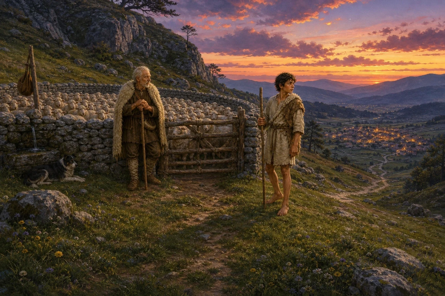 That evening the old shepherd came up again, slowly, and helped him put the flock into the stone fold for the night, and when the hurdle was across he stood… That evening the old shepherd came up again, slowly, and helped him put the flock into the stone fold for the night, and when the hurdle was across he stood…