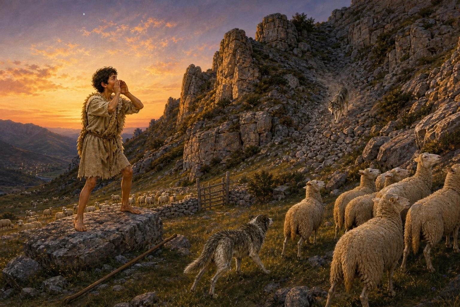 Four days later, at dusk, the boy was bringing the flock in toward the fold when the sheep nearest the rocks all put their heads up at once, together, in a way… Four days later, at dusk, the boy was bringing the flock in toward the fold when the sheep nearest the rocks all put their heads up at once, together, in a way…