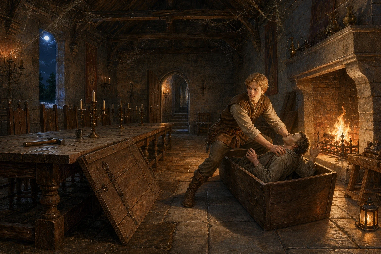 On the third night the boy built his fire in the castle's old banqueting room, under a long table once set for grand feasts and now thick with dust. On the third night the boy built his fire in the castle's old banqueting room, under a long table once set for grand feasts and now thick with dust.