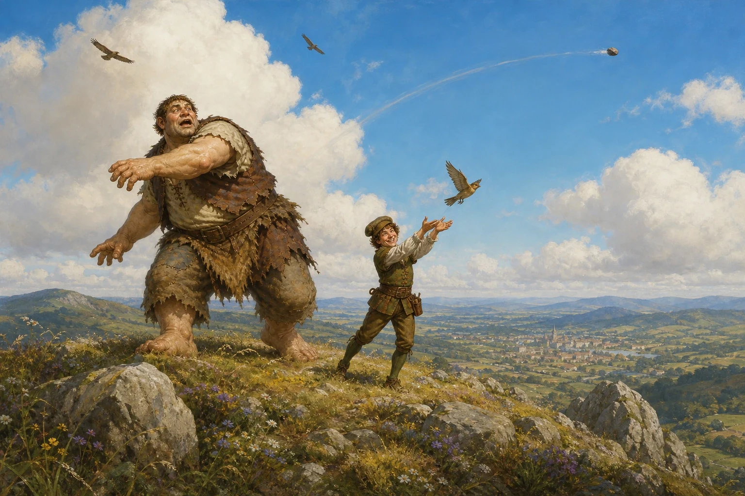 Not to be outdone, the giant snatched up another stone and hurled it so high and so far that it almost vanished from sight before it fell. Not to be outdone, the giant snatched up another stone and hurled it so high and so far that it almost vanished from sight before it fell.