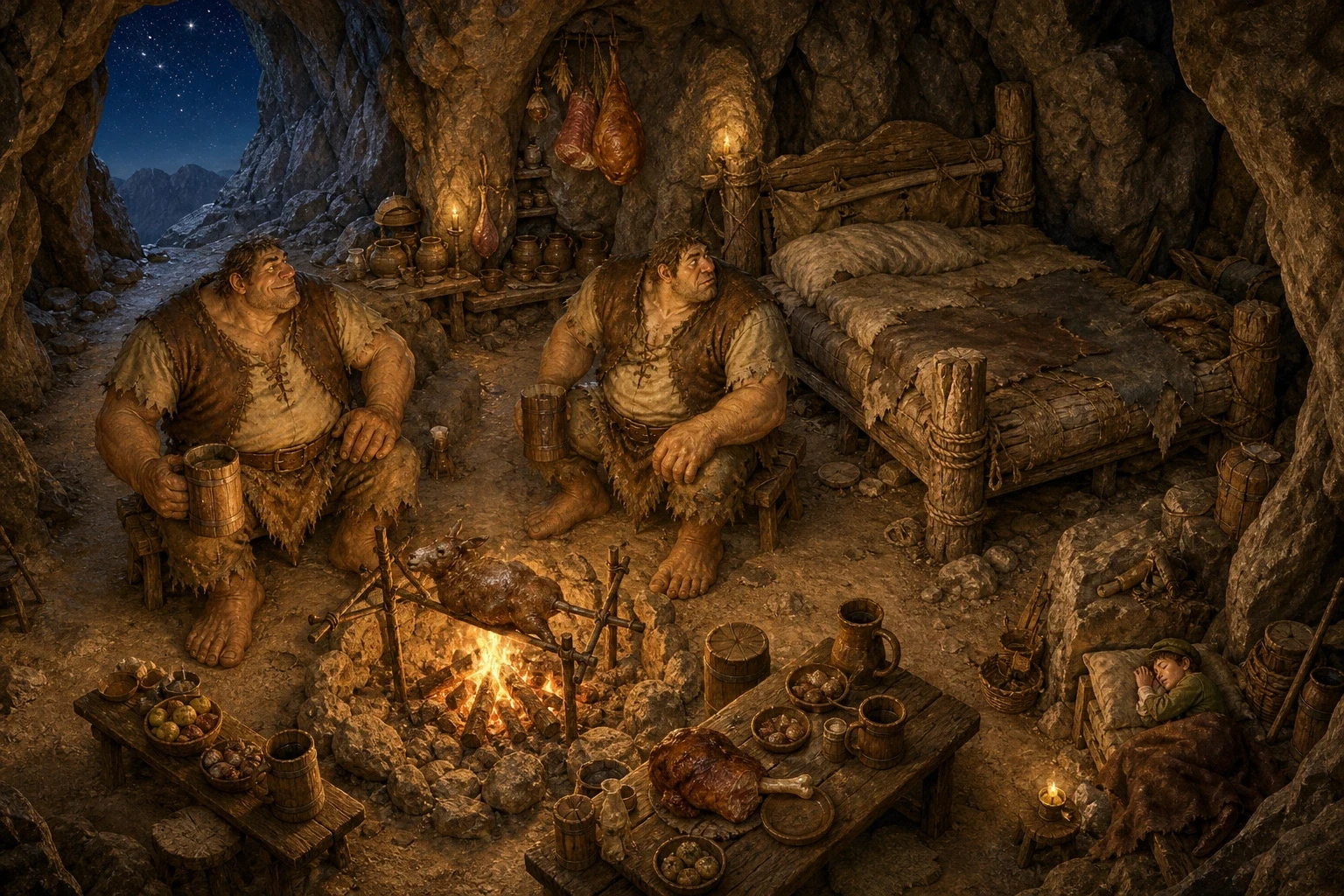 The giant took the little tailor home to a great cave in the mountains, where several more giants sat about a huge fire roasting whole sheep for supper. The giant took the little tailor home to a great cave in the mountains, where several more giants sat about a huge fire roasting whole sheep for supper.