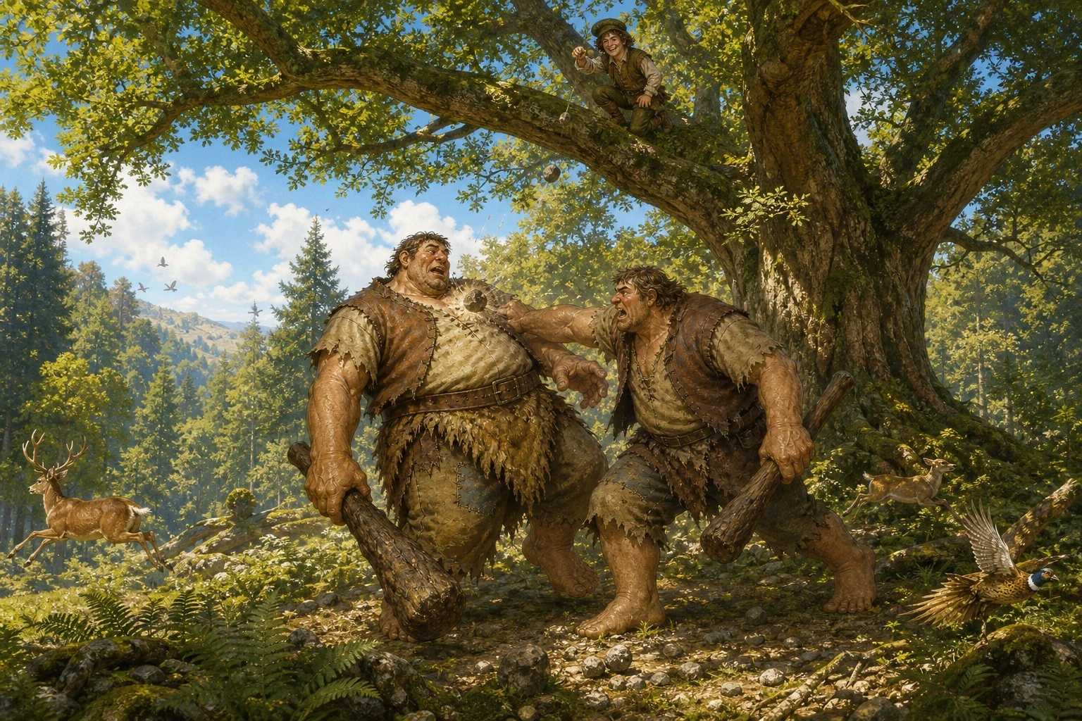 For his first task, the little tailor went into the forest where the two fierce giants slept beneath a great tree. Climbing nimbly up into the branches above… For his first task, the little tailor went into the forest where the two fierce giants slept beneath a great tree. Climbing nimbly up into the branches above…