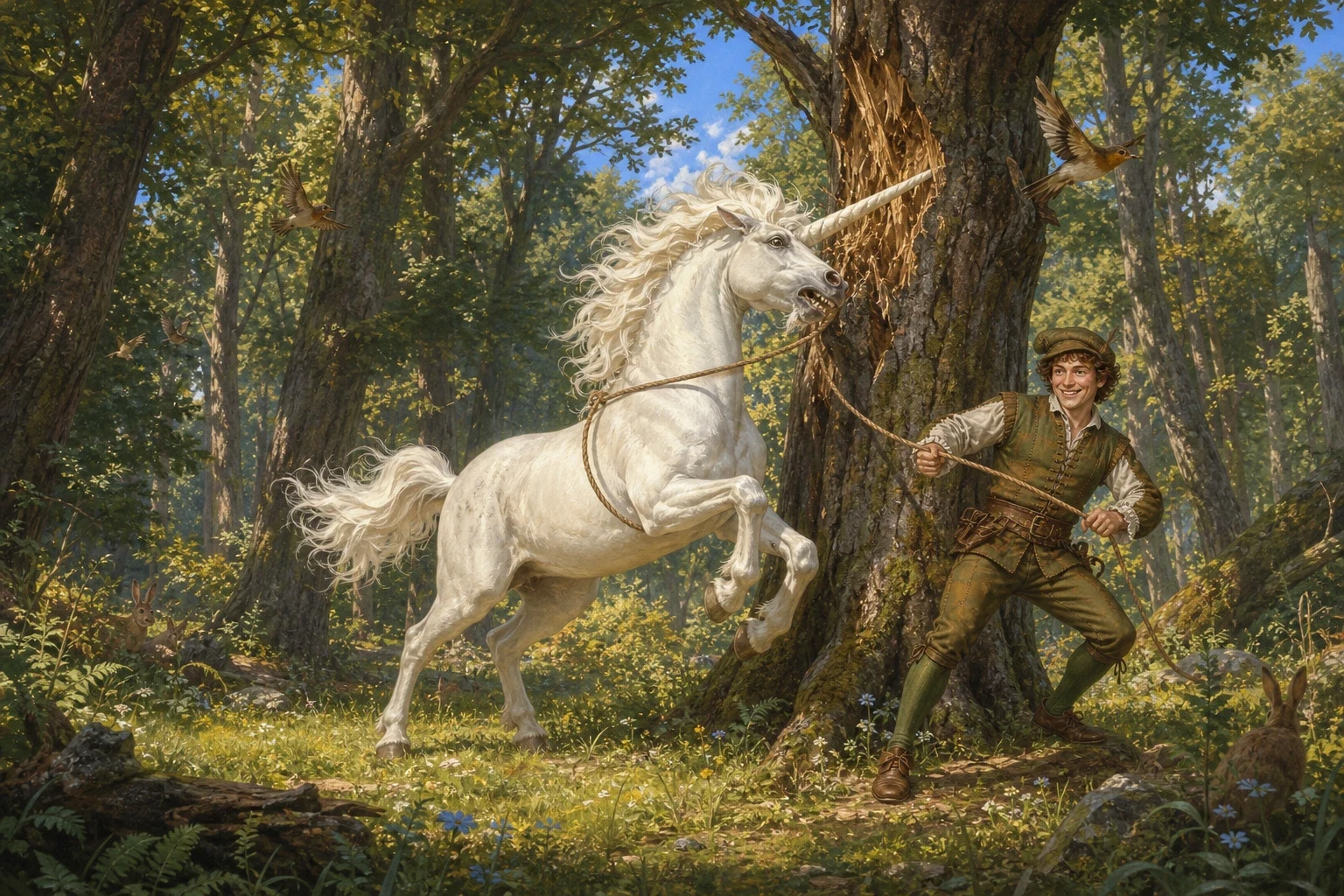 The king, astonished that the tailor had survived the giants, set him a second task: to catch the fierce wild unicorn that was damaging the forest. The king, astonished that the tailor had survived the giants, set him a second task: to catch the fierce wild unicorn that was damaging the forest.